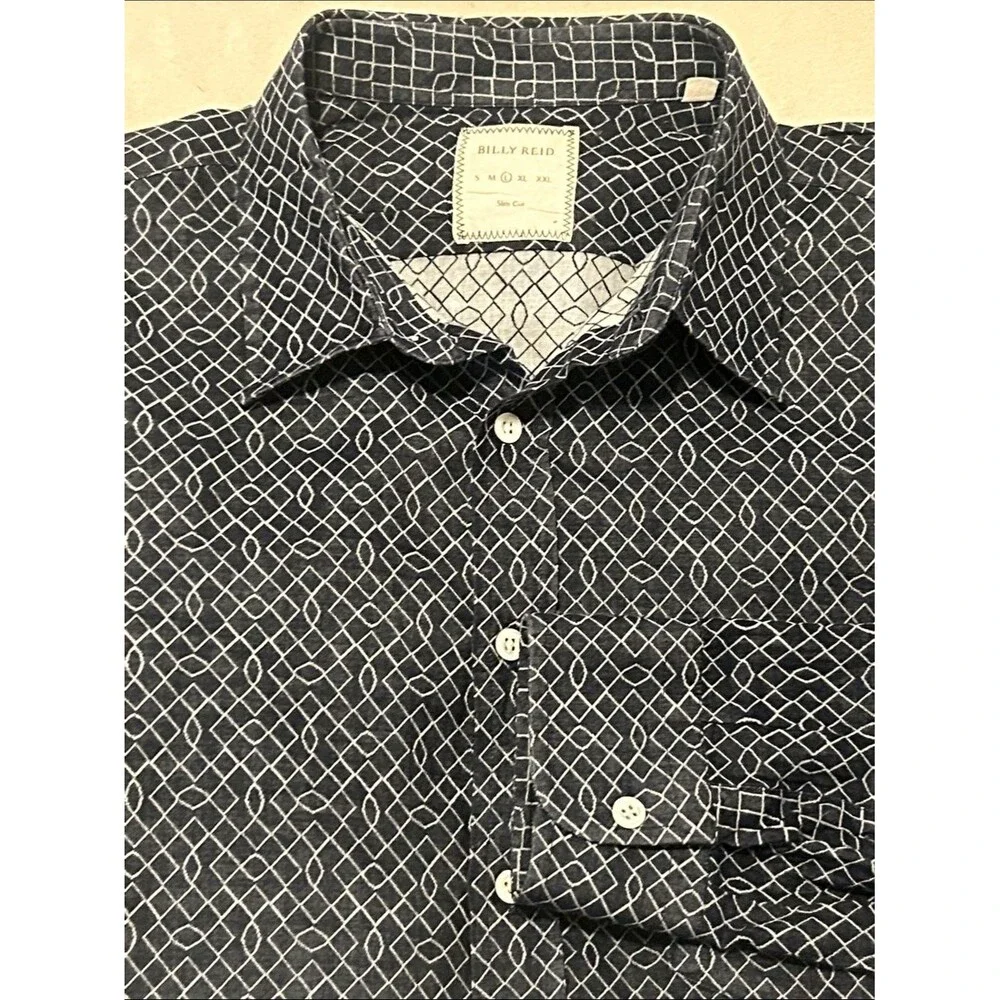 Billy Reid Geometric Diamond Print Button Down Shirt L Slim Fit Cotton
